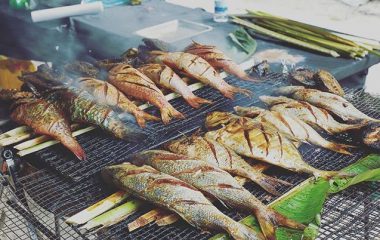 Roasted fish in seychelles Grilled fish on the beach of Beau Vllon